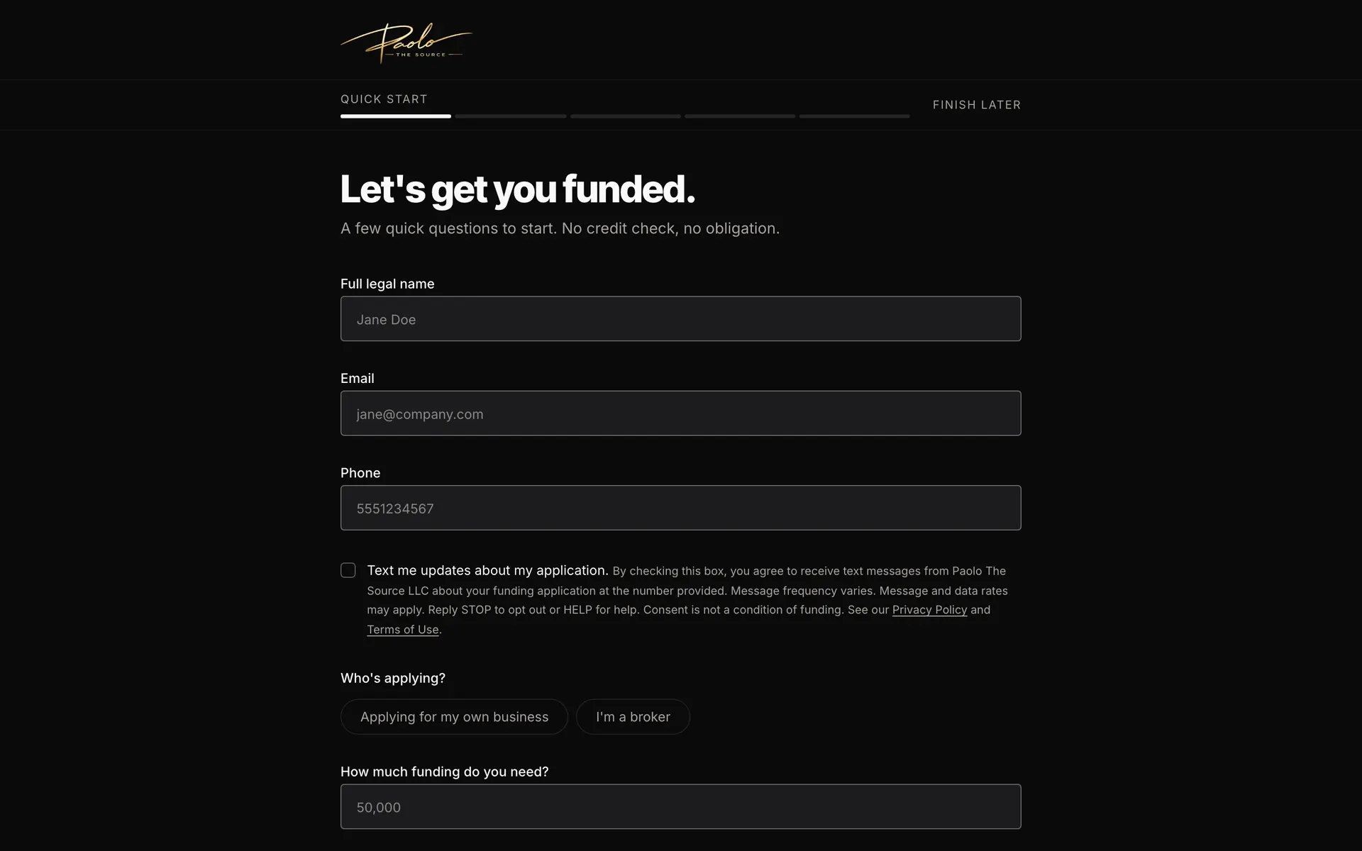 Paolo The Source application funnel on a desktop