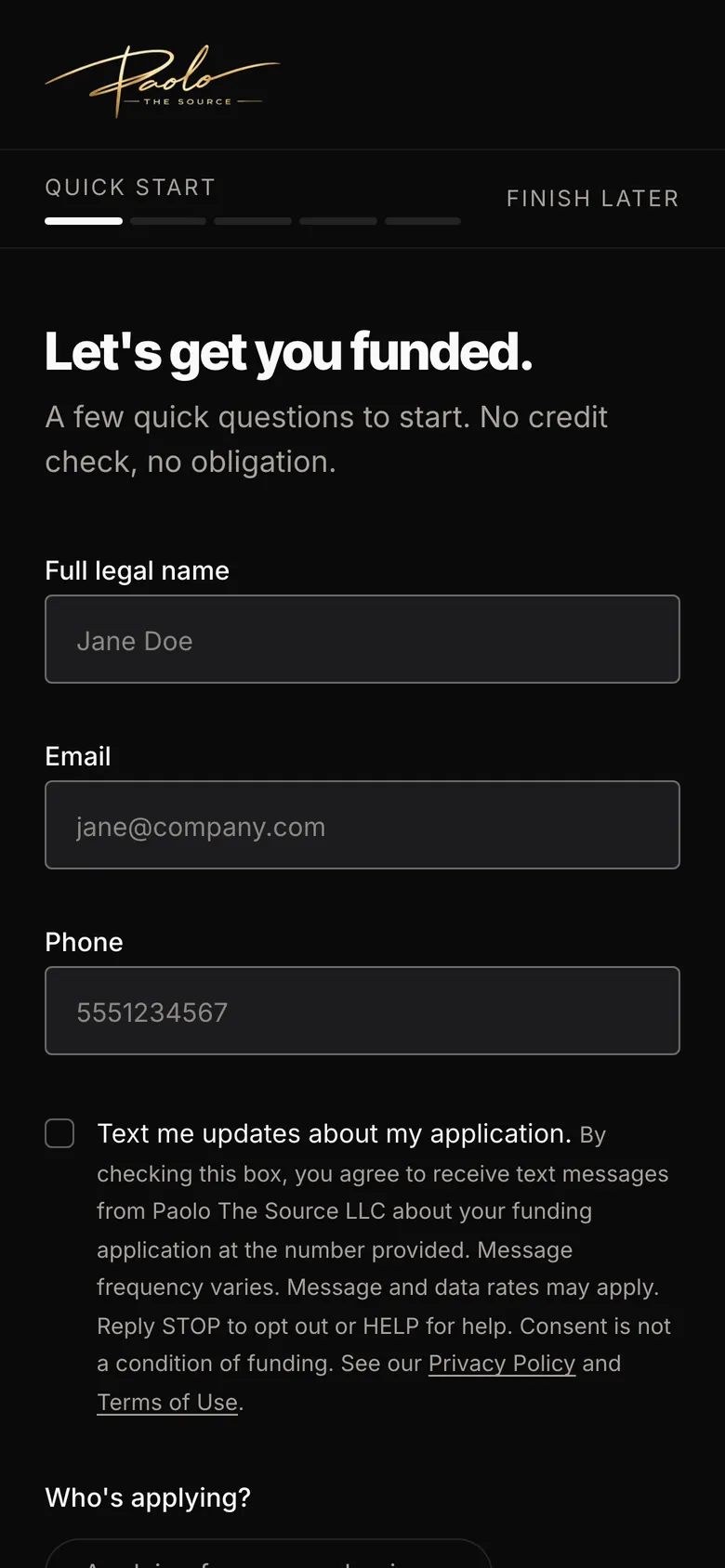 Paolo The Source application funnel on a phone