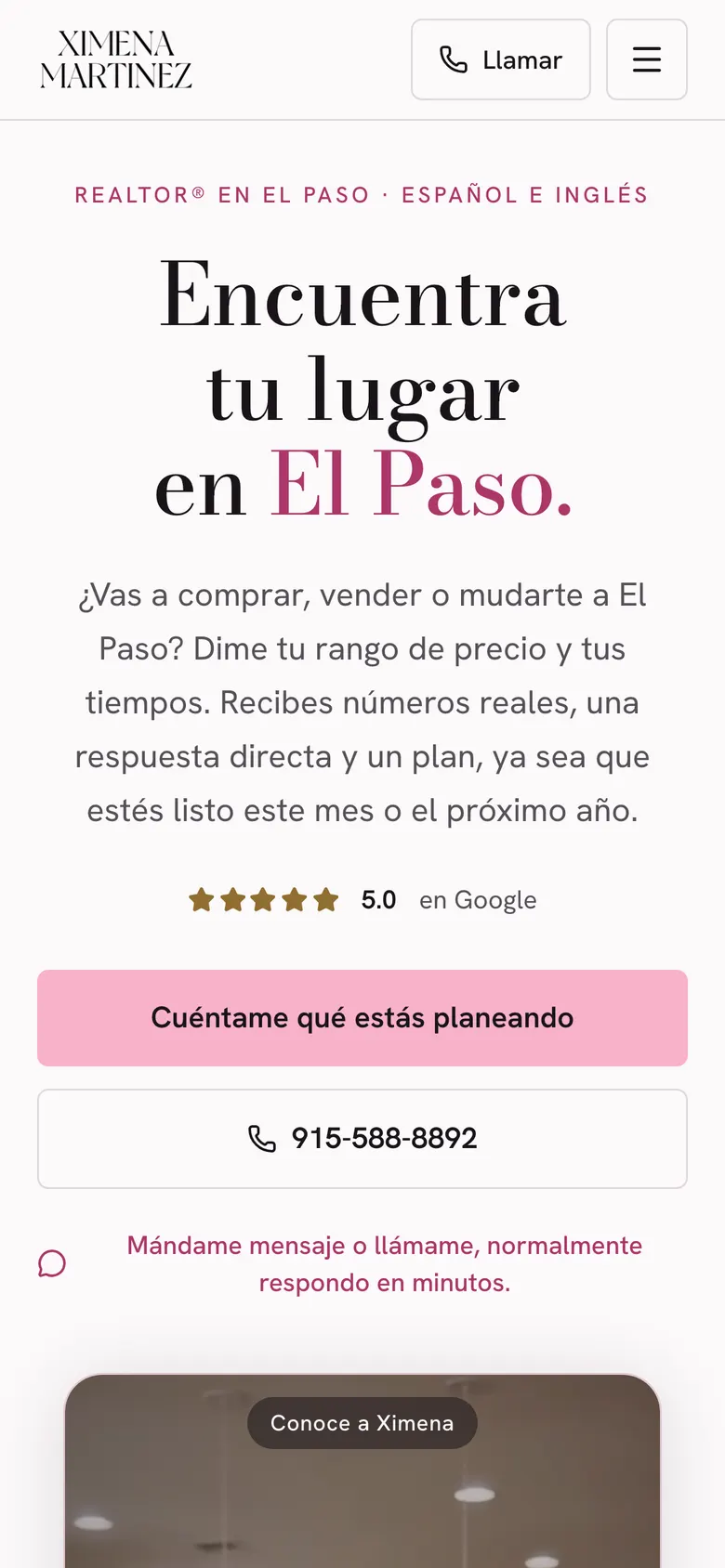 Ximena Martinez Spanish homepage on a phone